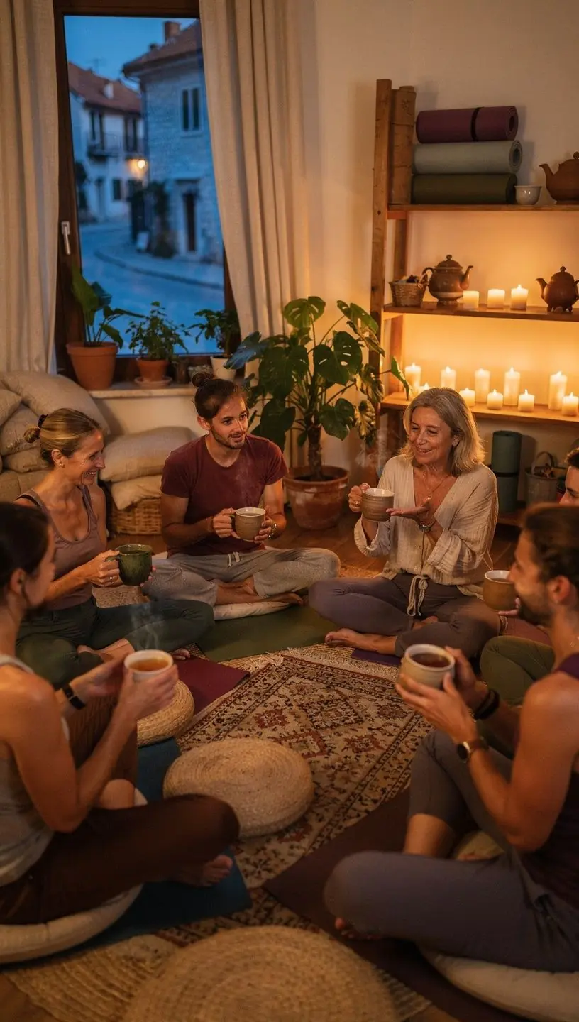 Šalica mirisnog biljnog čaja na drvenom stolu u prirodnom okruženju.