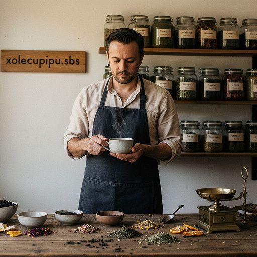 Šalica mirisnog biljnog čaja na drvenom stolu uz svježe ubrane začinske biljke.