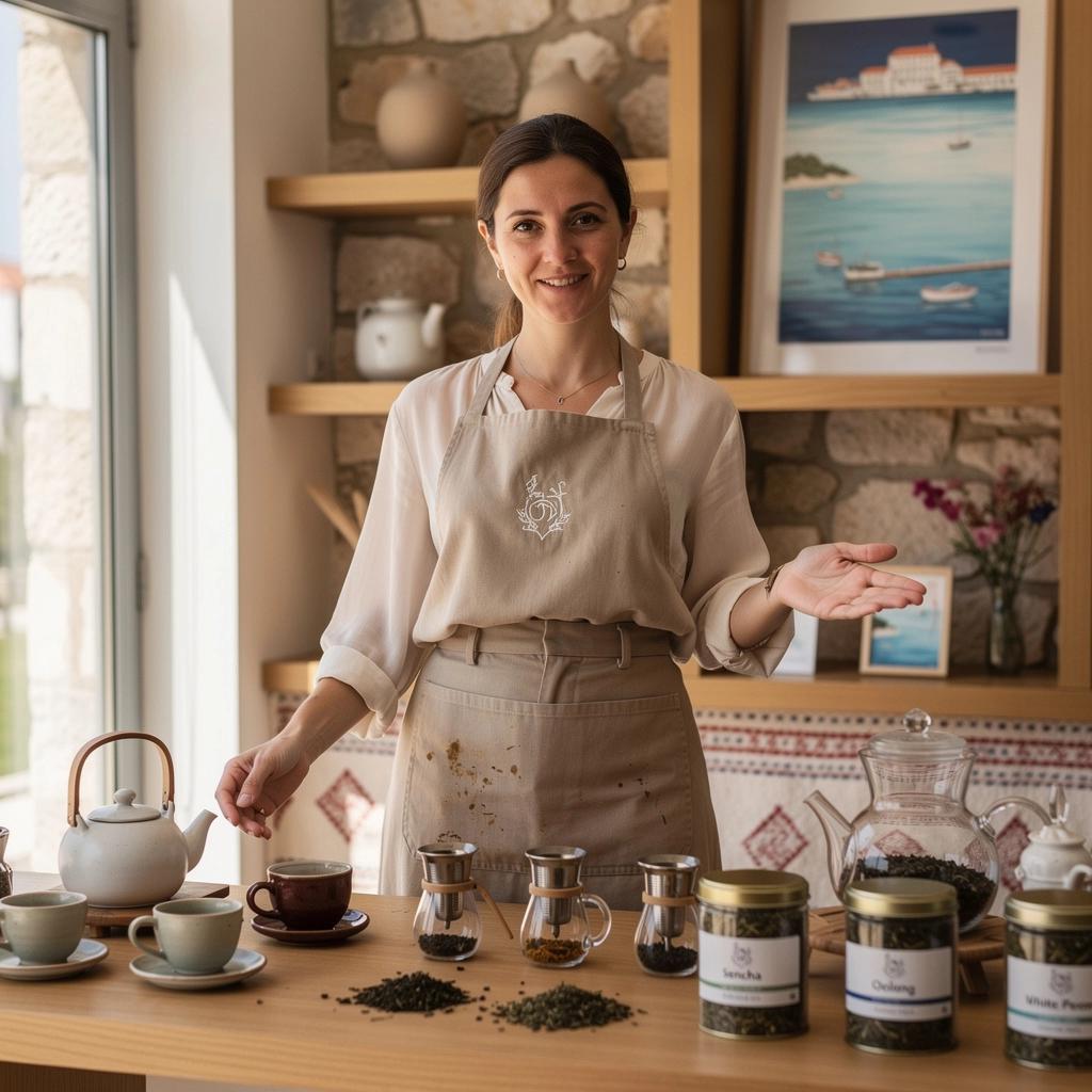 Umirujuća scena s članovima obitelji koji uživaju u čaju u vrtu punom cvijeća.